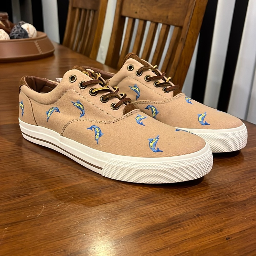 Polo Ralph Lauren Vaughn Khaki Fishing Critter Boat Shoes Sneakers new Mens 9.5